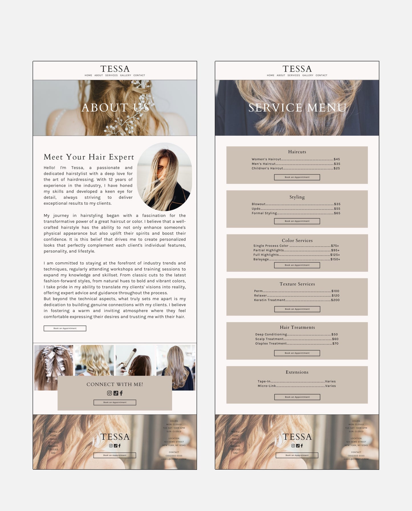 TESSA | NEUTRAL & BOHEMIAN WEBSITE TEMPLATE FOR HAIRSTYLISTS